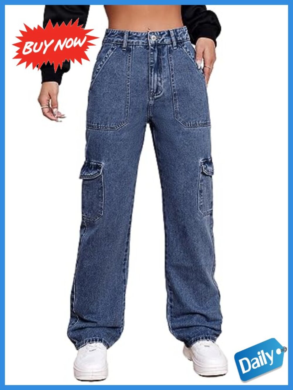 High Waisted Cargo Jeans Stretch Wide Leg Denim Pants Relaxed Fit